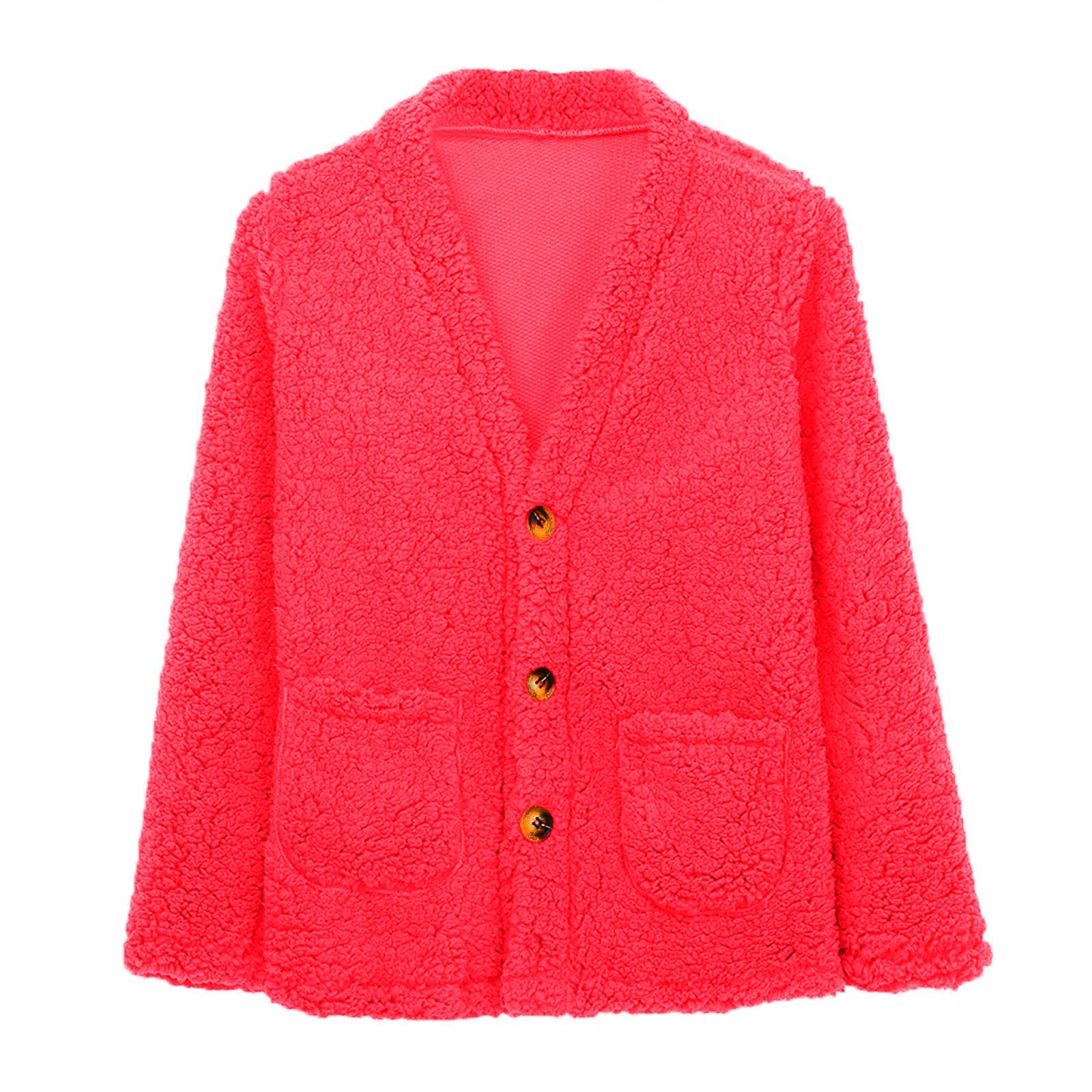 Cdiecer Fuzzy Jackets for Women Winter Sherpa Coat Autumn Winter Fleece Jacket Button Solid Color Cardigan With Pockets