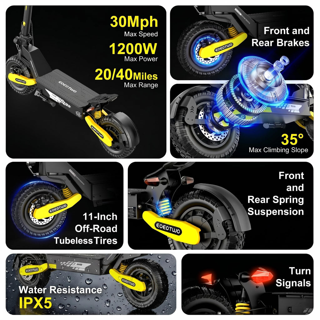 Electric Scooter for Adults,31/38 MPH 1200W/2400W Peak Motor | 11" Off-Road Tires Fast E Scooter, Up to 20/45 Miles Range, Dual Suspension, 330 lbs Max Load, Foldable