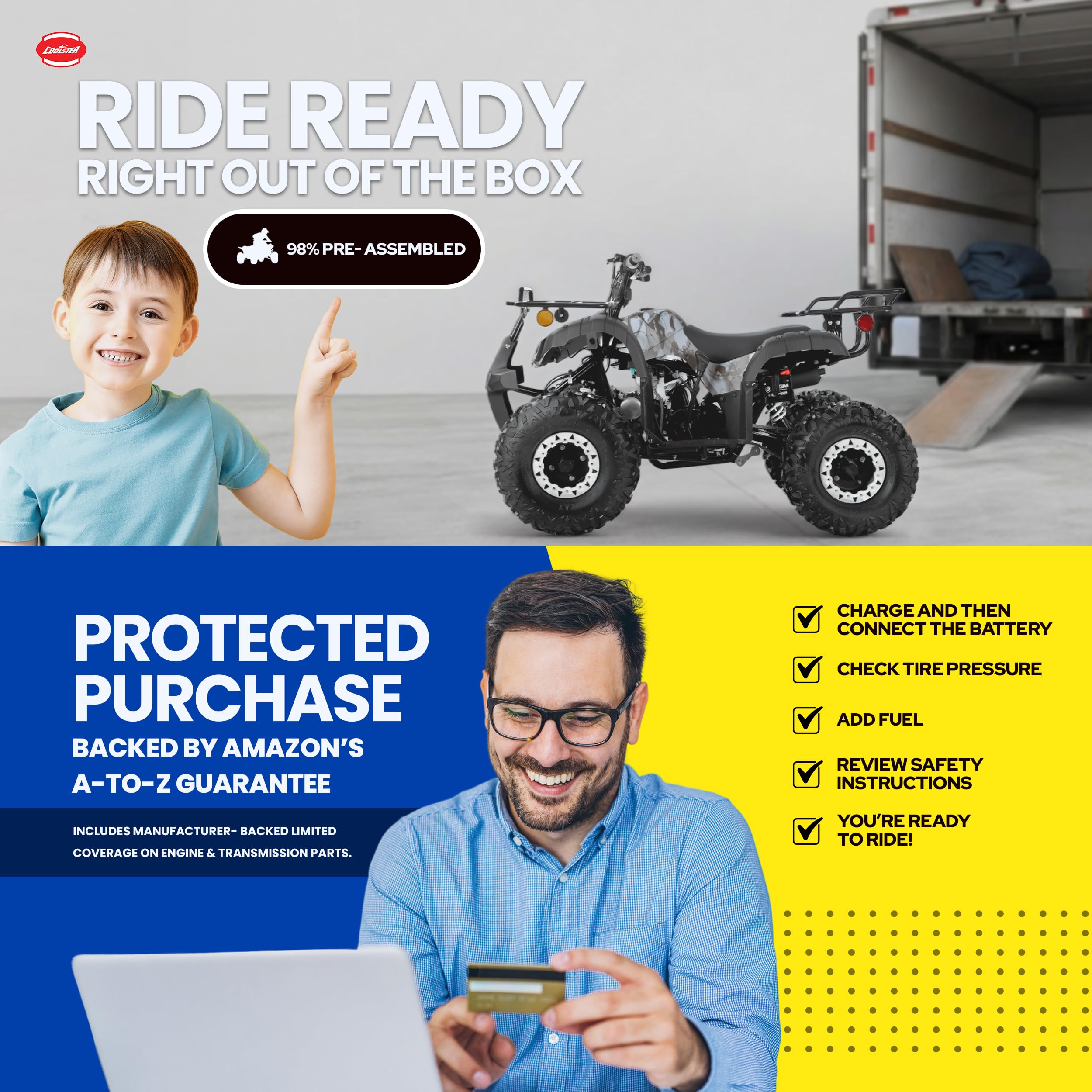Coolster 125cc ATV for Teens & Adults, Spider Black - Gas Powered Quads with Automatic Transmission, Reverse Gear & LED Headlights, Oversized Wheels & Tires, ATV-3125XR8-U2