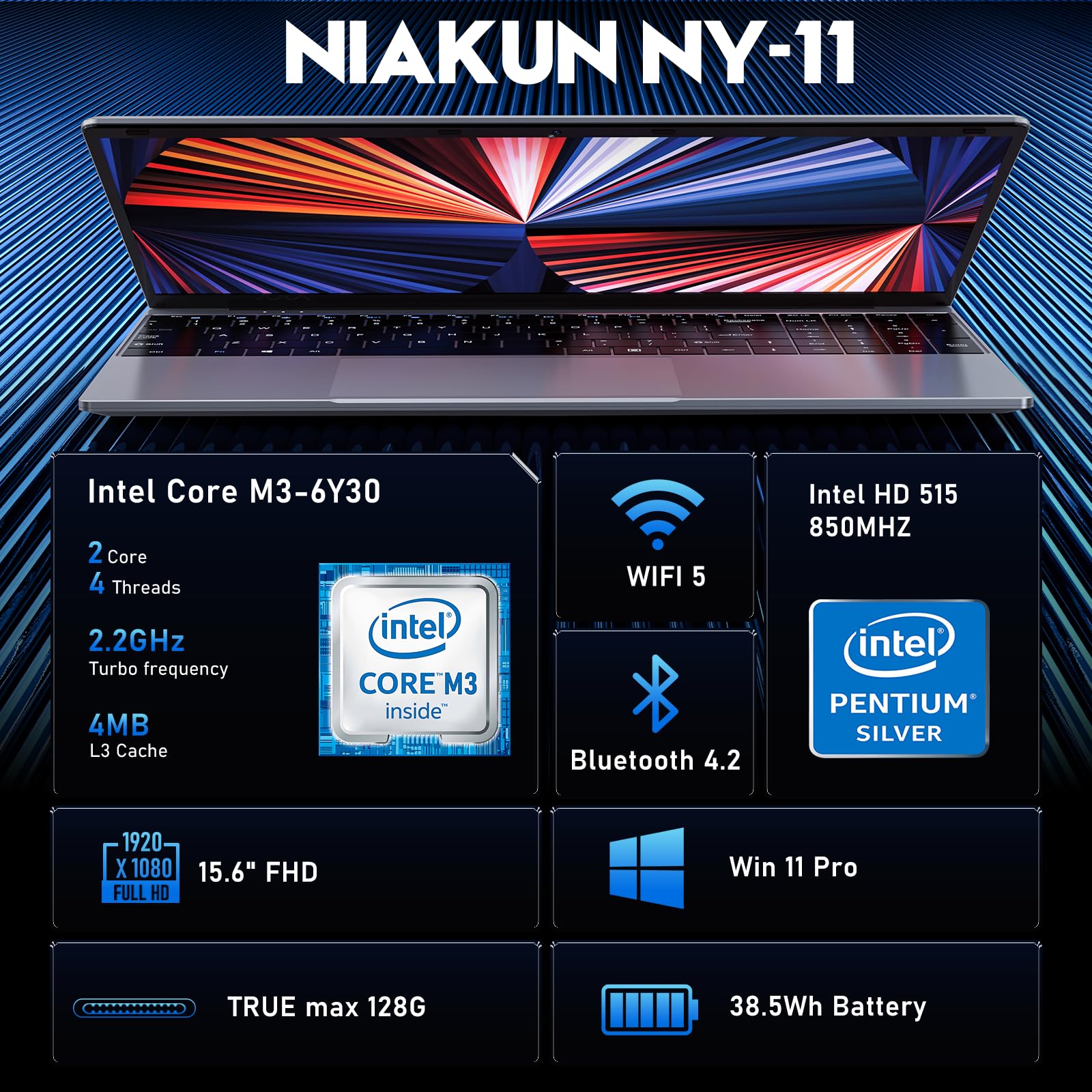 NIAKUN Laptop, Window 11 Pro Laptop Computer 2026, 15.6 Inch Lap Top, 16GB RAM 256GB SSD PC, M3-6Y30 Processor, FHD Display, WIFI5, BT4.2, Webcam, for Business, School, Work, Student, Kids, Gray