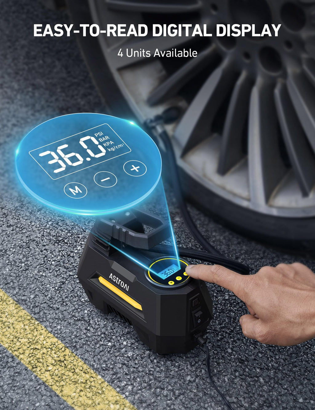 AstroAI AIRUN H Tire Inflator Portable Air Compressor,9.8Ft Cord-12VDC-Powered Auto Shut-Off,Fast Inflation Electric Air Pump for Car Tires-Car Accessories with Digital Pressure Gauge,LED Light,Yellow
