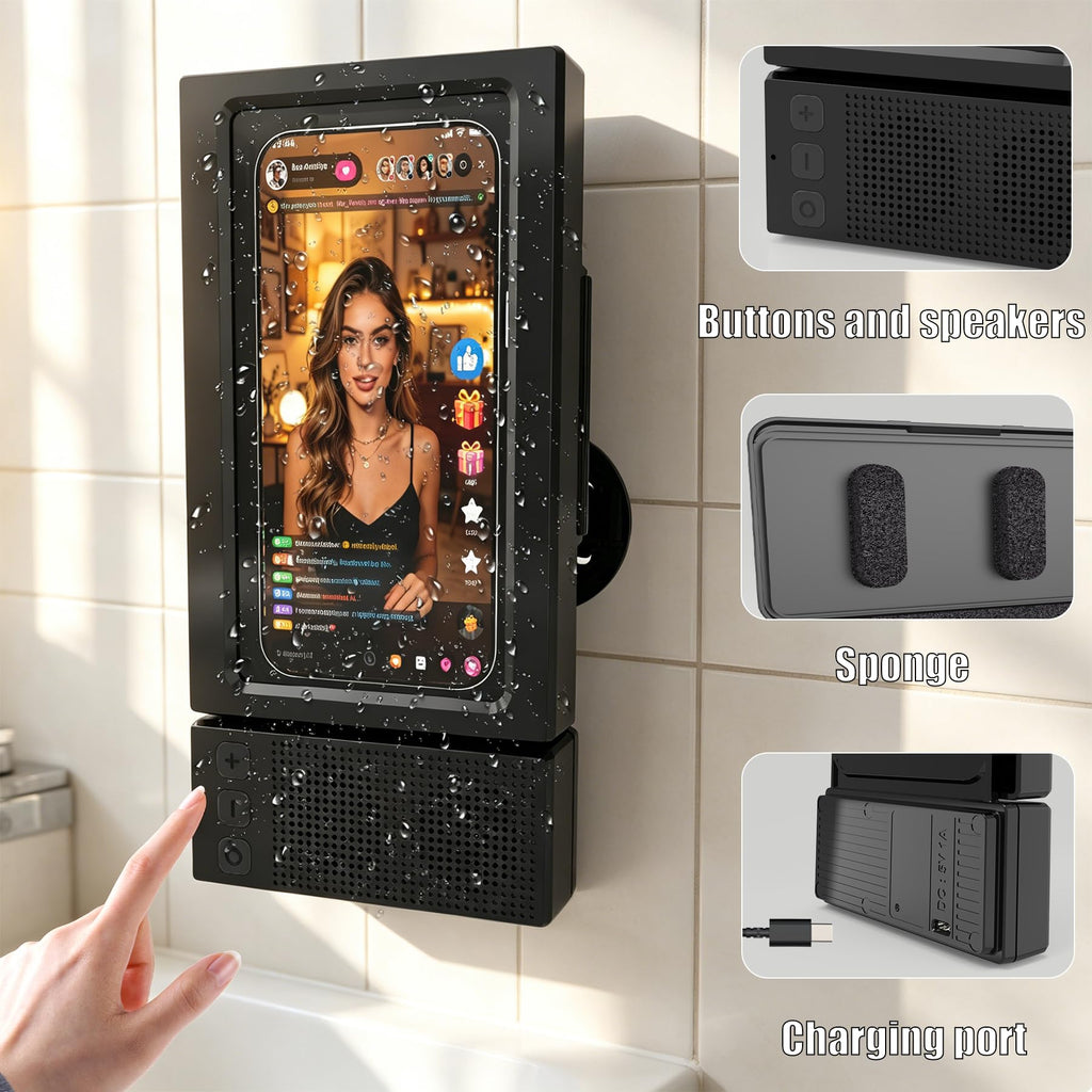 Shower Phone Holder with Wireless Bluetooth Speaker,2026 New Waterproof 480 Rotation Viewable Shower Phone Case Speaker for Any Phone, Wall Mounted Phoneholder for Bathroom Mirror,Gifts for Mom Dad