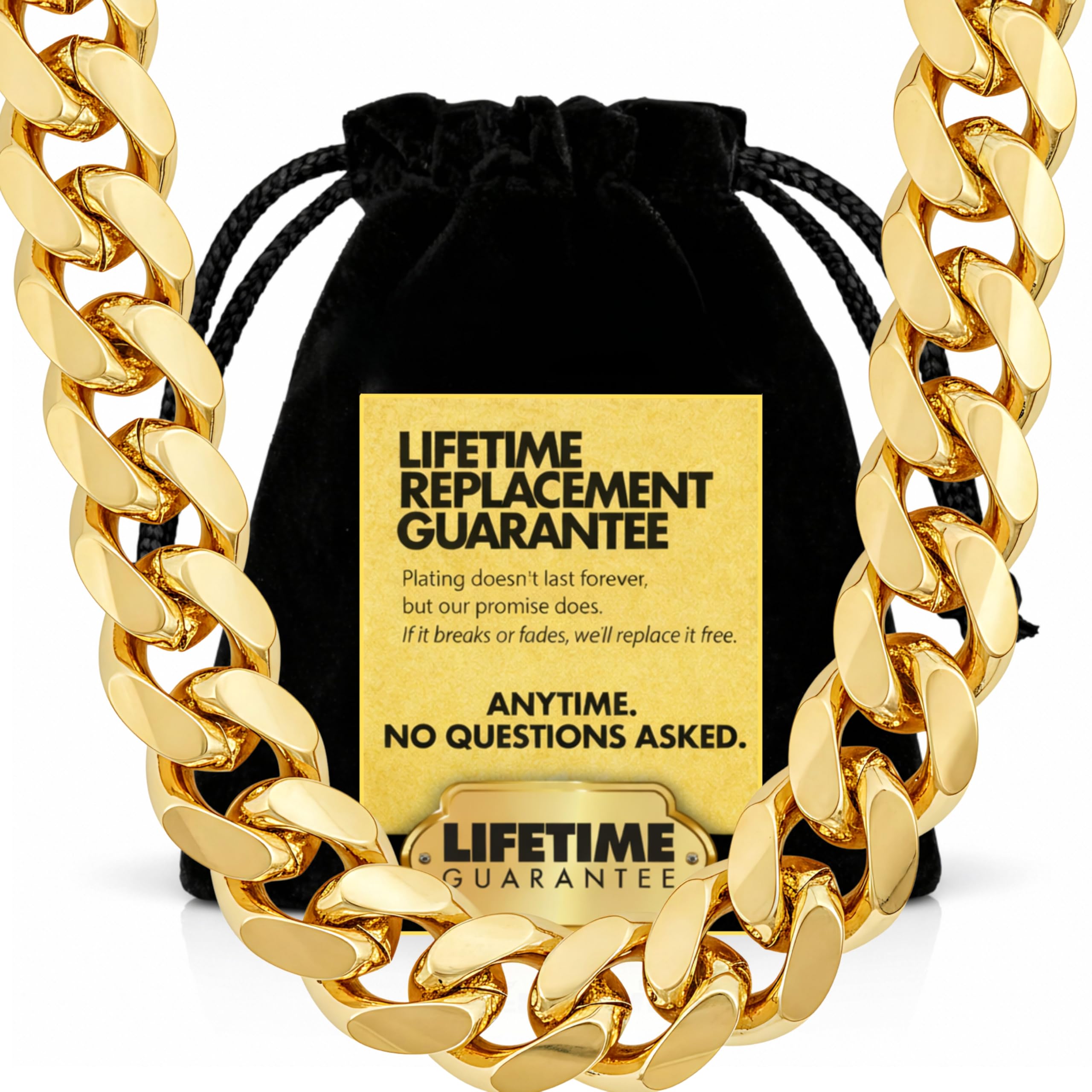 LIFETIME JEWELRY 11mm Gold Cuban Link Chain for Men - 24k Real Gold Necklace Plated - Lifetime Promise - Heavy Duty Clasp - Gold or White Gold