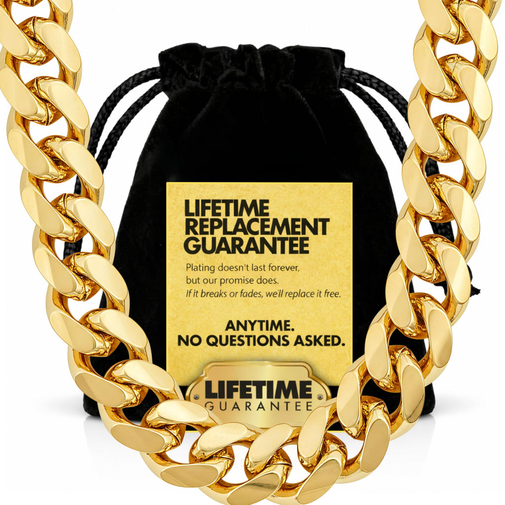 LIFETIME JEWELRY 11mm Gold Cuban Link Chain for Men - 24k Real Gold Necklace Plated - Lifetime Promise - Heavy Duty Clasp - Gold or White Gold