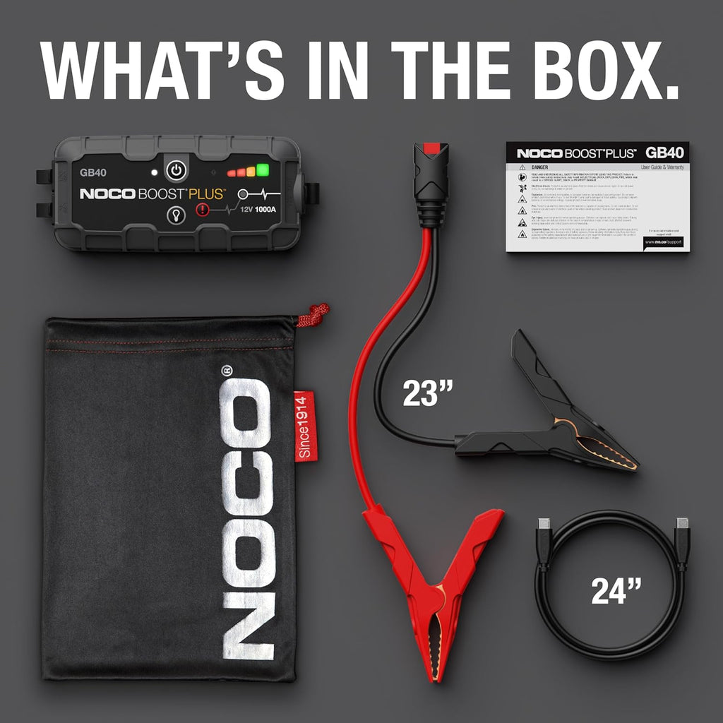 NOCO Boost GB40: 1000A UltraSafe Jump Starter – 12V Lithium Battery Booster Pack, Portable Jump Box, Power Bank & Jumper Cables - for 6.0L Gas and 3.0L Diesel Engines | Spark-Proof + Reverse Polarity Protection - Power Bank - 100-Lumen LED Flashlight - Fo
