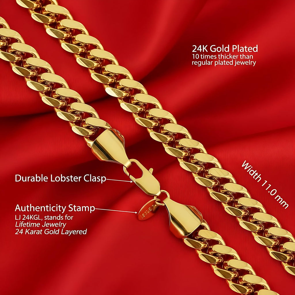 LIFETIME JEWELRY 11mm Gold Cuban Link Chain for Men - 24k Real Gold Necklace Plated - Lifetime Promise - Heavy Duty Clasp - Gold or White Gold