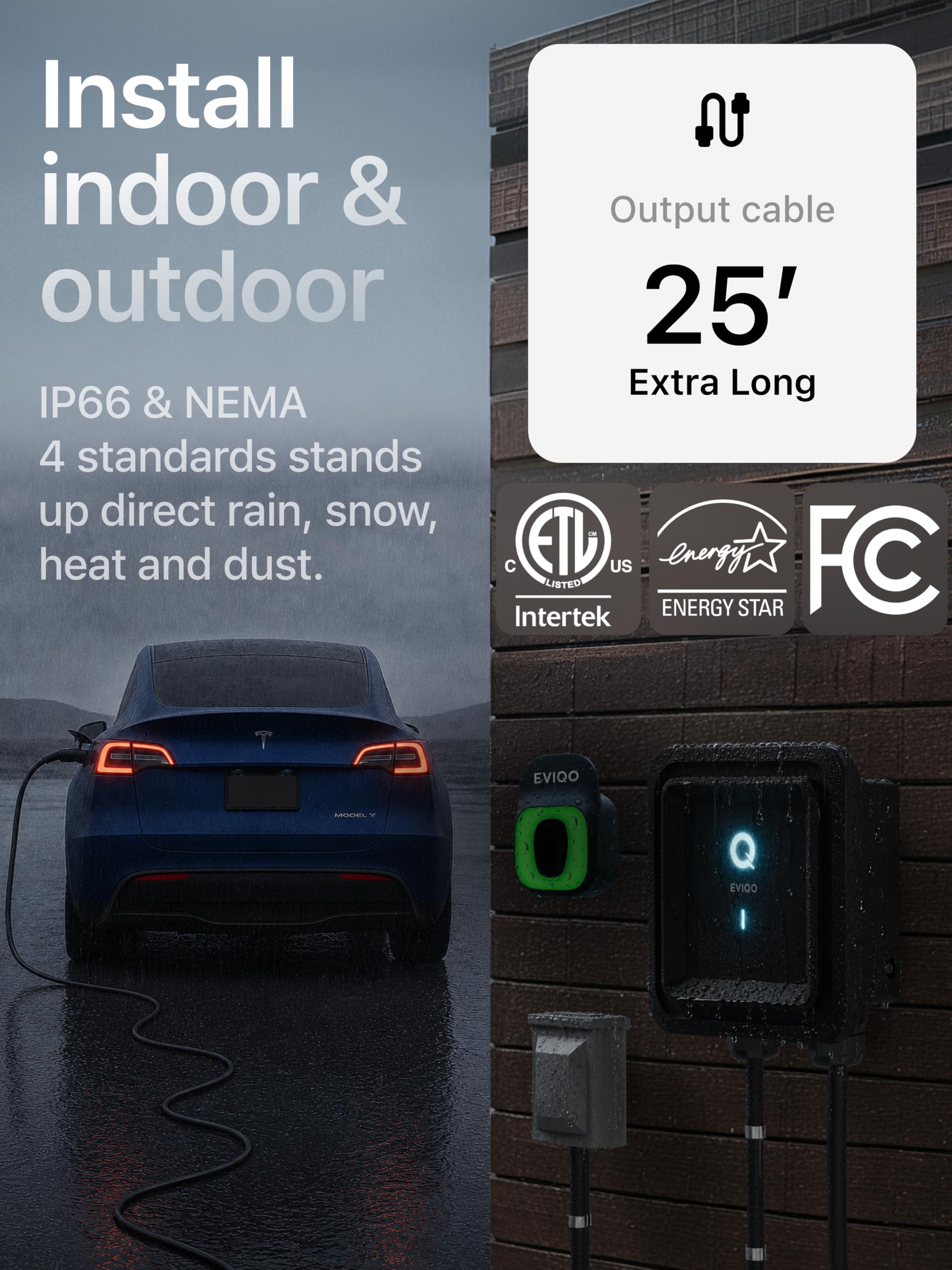 EVIQO NACS Charger for Tesla 48 Amp 240V Hardwired Level 2 EV Charger - Wall EV Charger Level 2, 25ft Cable, WiFi (2.4 GHz) Smart App - Weatherproof, Outdoor (IP66,NEMA 4) UL, ETL Certified