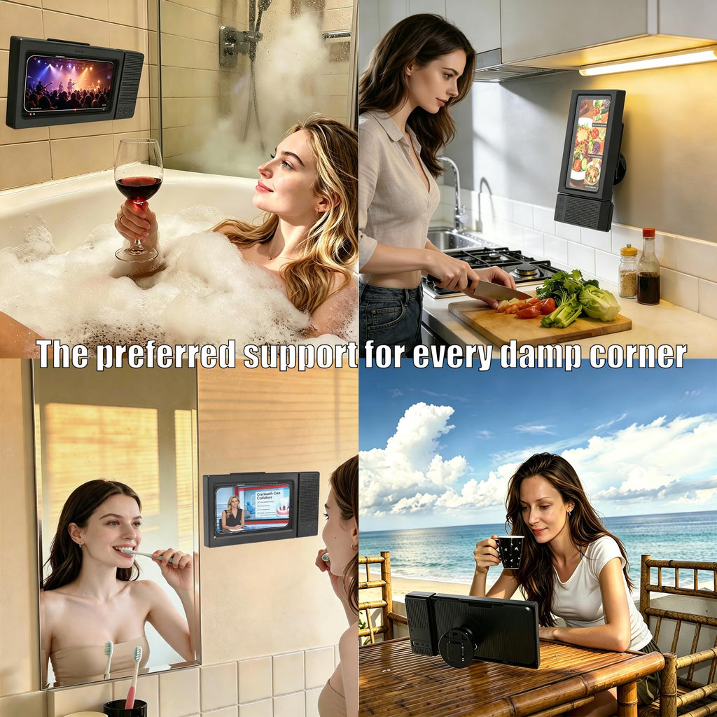 Shower Phone Holder with Wireless Bluetooth Speaker,2026 New Waterproof 480 Rotation Viewable Shower Phone Case Speaker for Any Phone, Wall Mounted Phoneholder for Bathroom Mirror,Gifts for Mom Dad