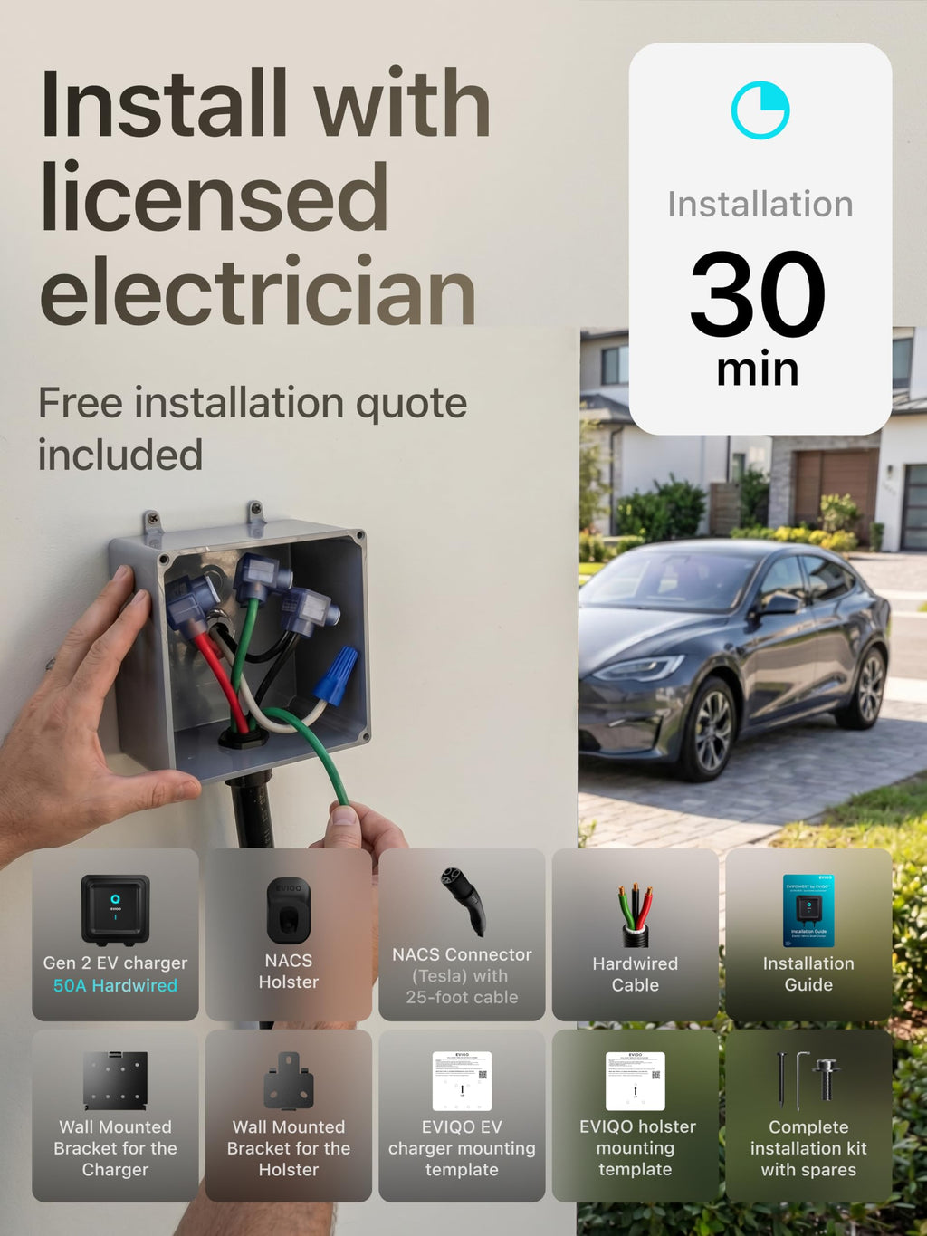 EVIQO NACS Charger for Tesla 48 Amp 240V Hardwired Level 2 EV Charger - Wall EV Charger Level 2, 25ft Cable, WiFi (2.4 GHz) Smart App - Weatherproof, Outdoor (IP66,NEMA 4) UL, ETL Certified