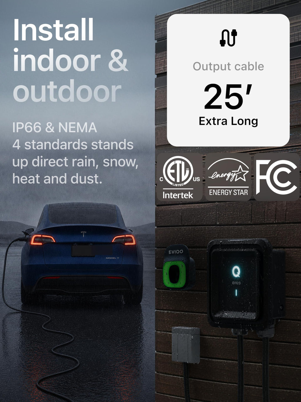 EVIQO NACS Charger for Tesla 48 Amp 240V Hardwired Level 2 EV Charger - Wall EV Charger Level 2, 25ft Cable, WiFi (2.4 GHz) Smart App - Weatherproof, Outdoor (IP66,NEMA 4) UL, ETL Certified