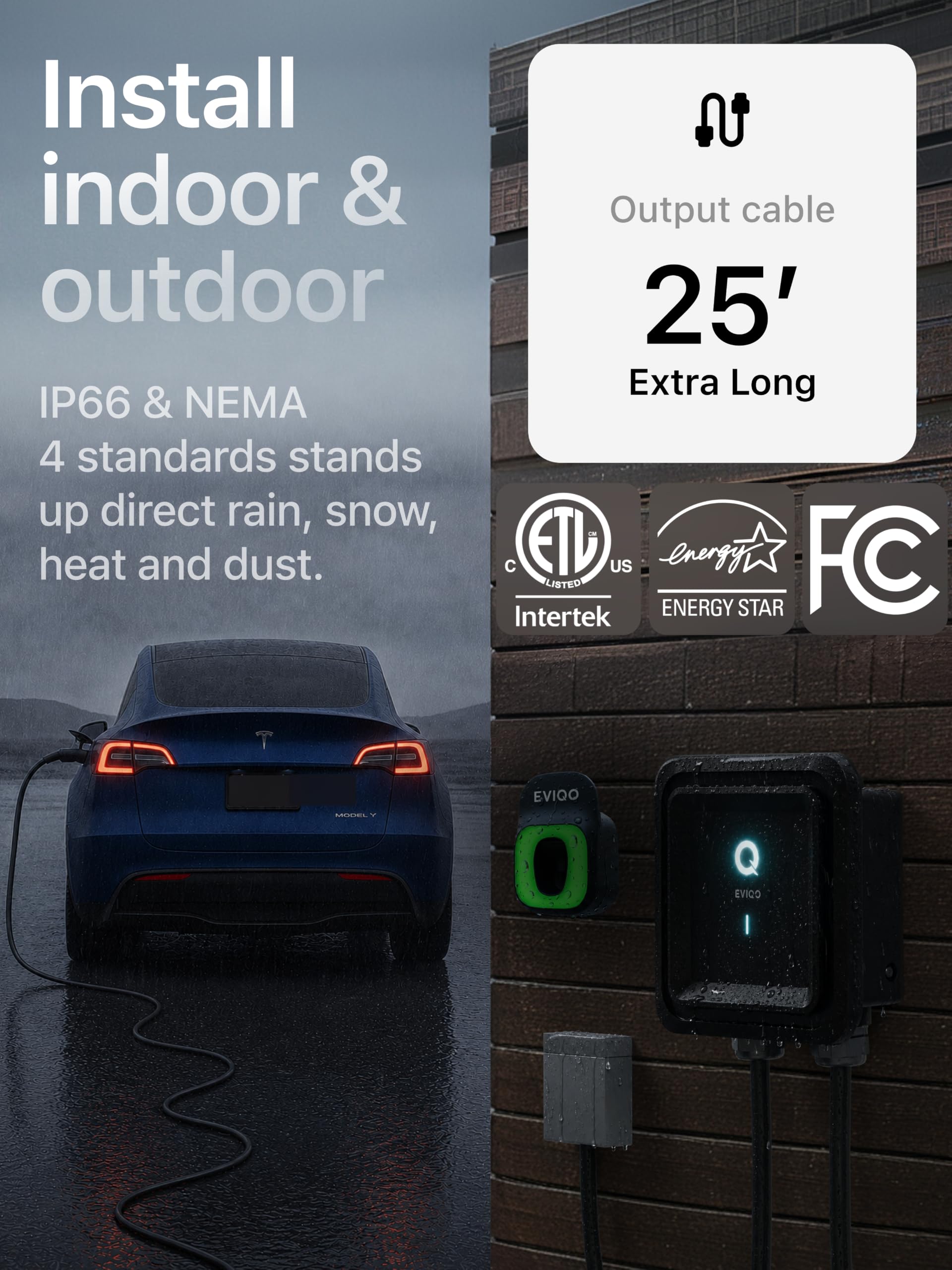 EVIQO NACS Charger for Tesla 48 Amp 240V Hardwired Level 2 EV Charger - Wall EV Charger Level 2, 25ft Cable, WiFi (2.4 GHz) Smart App - Weatherproof, Outdoor (IP66,NEMA 4) UL, ETL Certified