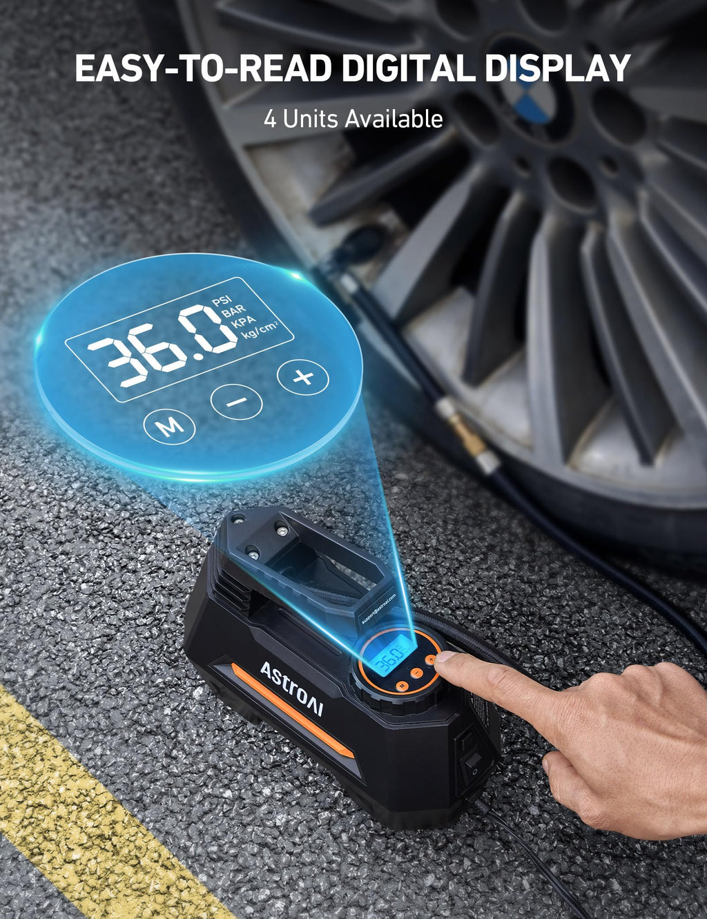 AstroAI AIRUN H Tire Inflator Portable Air Compressor,9.8Ft Cord-12VDC-Powered Auto Shut-Off,Fast Inflation Electric Air Pump for Car Tires-Car Accessories with Digital Pressure Gauge,LED Light,Yellow