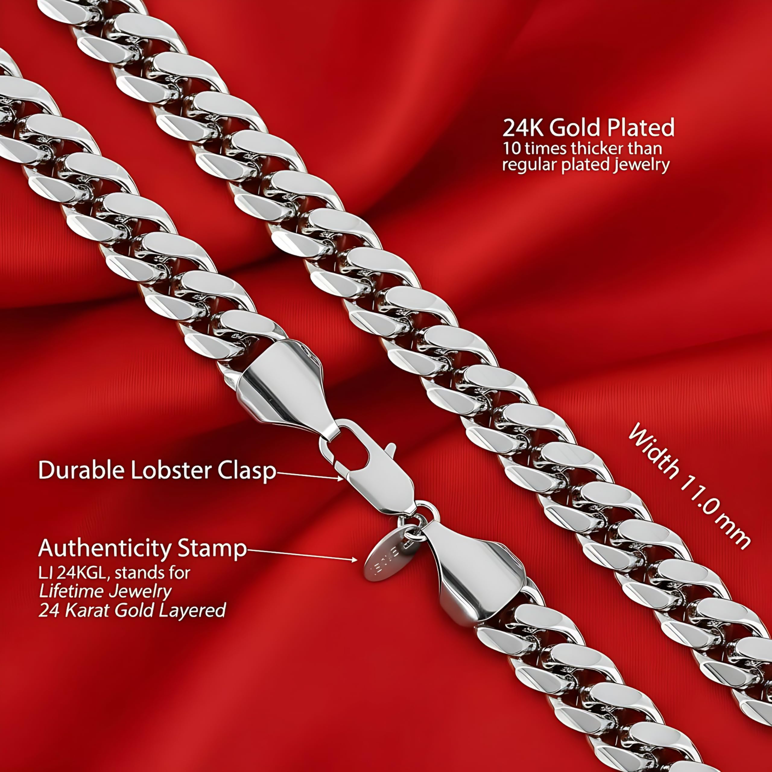 LIFETIME JEWELRY 11mm Gold Cuban Link Chain for Men - 24k Real Gold Necklace Plated - Lifetime Promise - Heavy Duty Clasp - Gold or White Gold