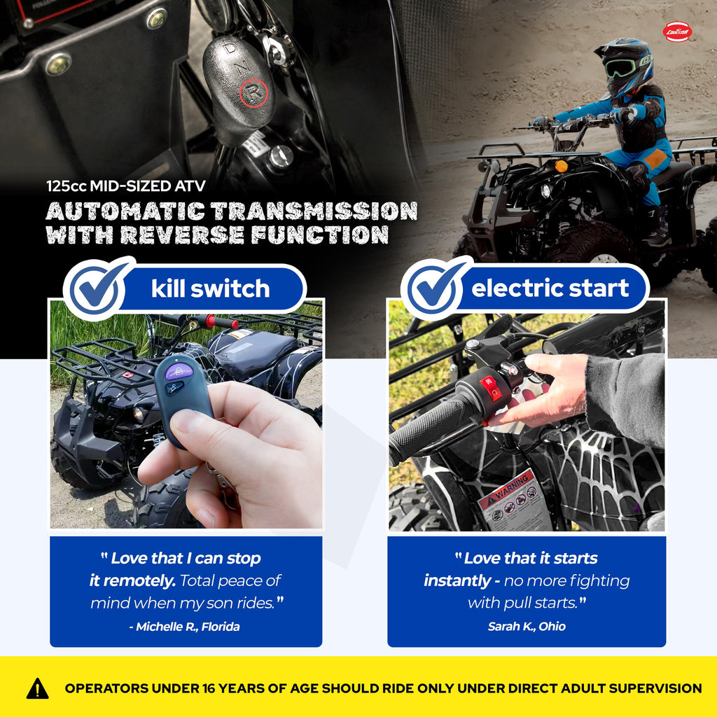 Coolster 125cc ATV for Teens & Adults, Spider Black - Gas Powered Quads with Automatic Transmission, Reverse Gear & LED Headlights, Oversized Wheels & Tires, ATV-3125XR8-U2