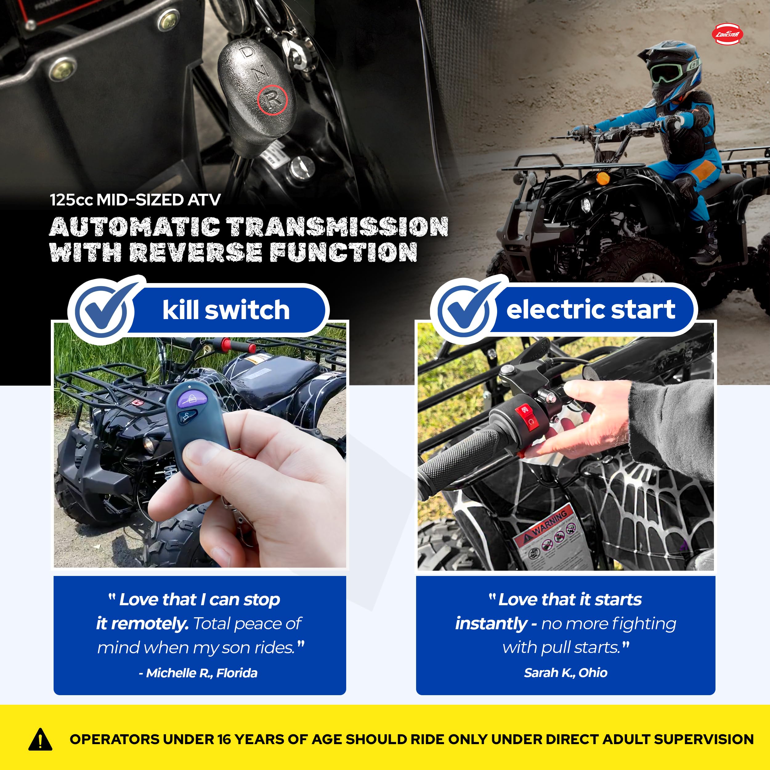 Coolster 125cc ATV for Teens & Adults, Spider Black - Gas Powered Quads with Automatic Transmission, Reverse Gear & LED Headlights, Oversized Wheels & Tires, ATV-3125XR8-U2