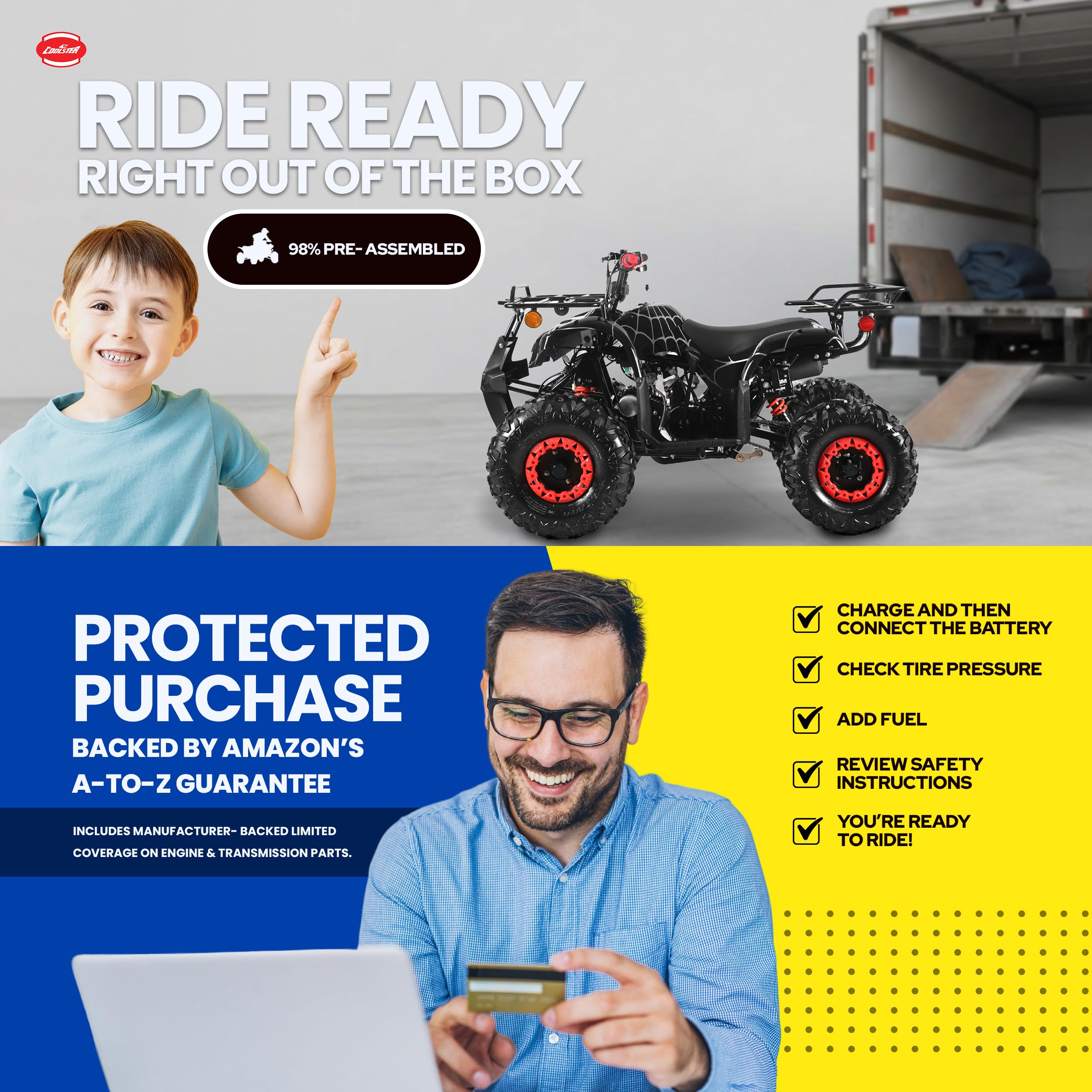 Coolster 125cc ATV for Teens & Adults, Spider Black - Gas Powered Quads with Automatic Transmission, Reverse Gear & LED Headlights, Oversized Wheels & Tires, ATV-3125XR8-U2