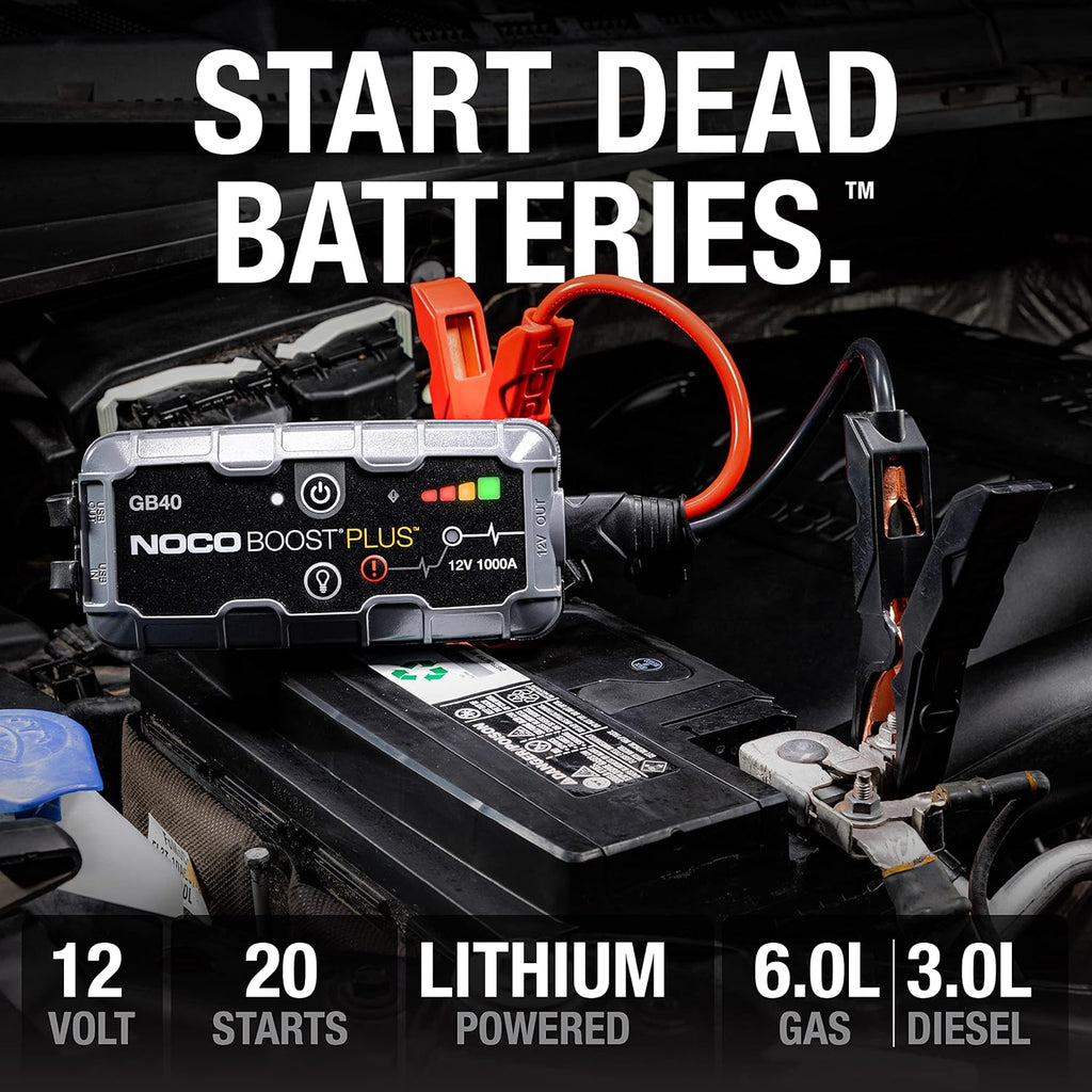 NOCO Boost GB40: 1000A UltraSafe Jump Starter – 12V Lithium Battery Booster Pack, Portable Jump Box, Power Bank & Jumper Cables - for 6.0L Gas and 3.0L Diesel Engines | Spark-Proof + Reverse Polarity Protection - Power Bank - 100-Lumen LED Flashlight - Fo