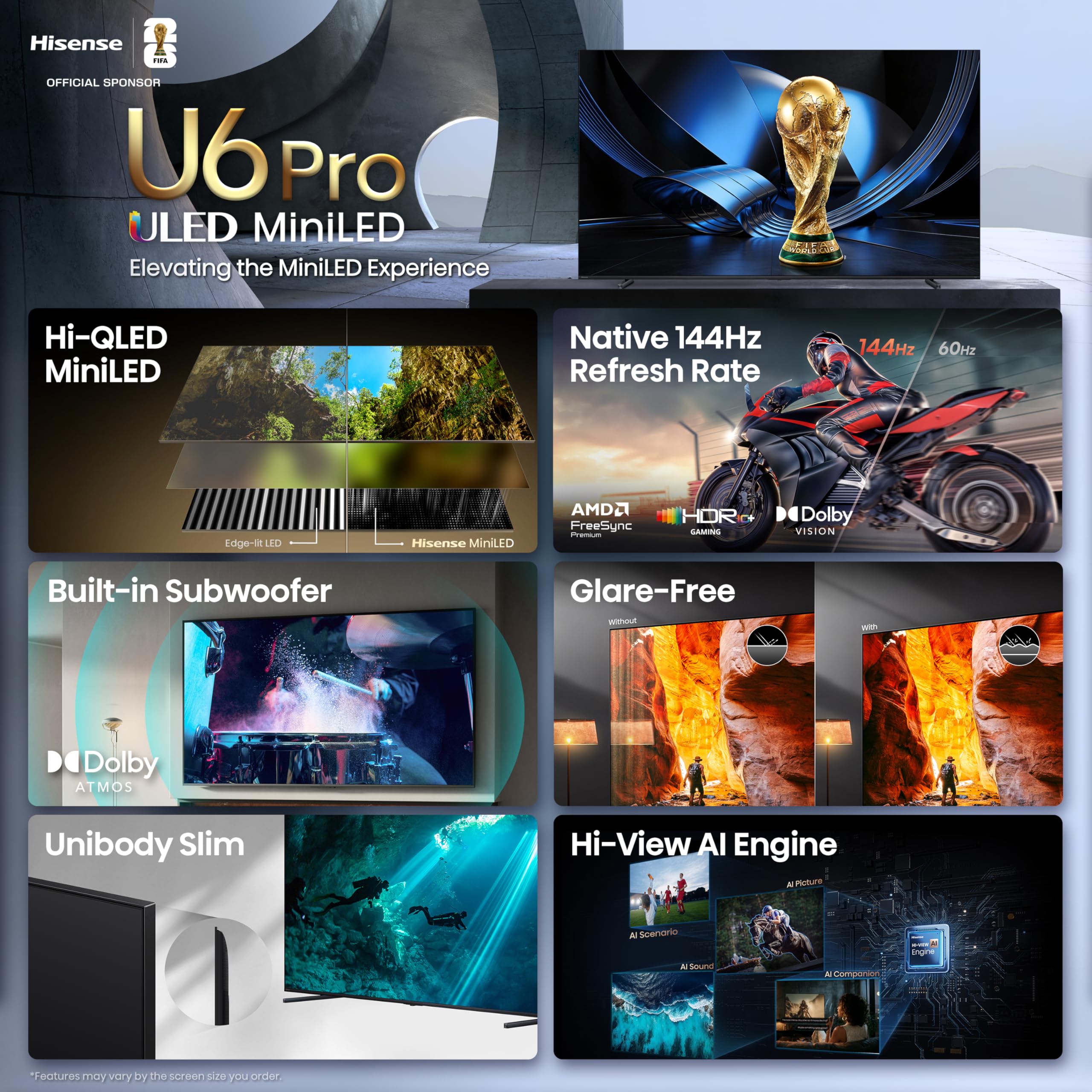 Hisense 100" U6 Pro Series Mini‑LED ULED 4K UHD HDR Gaming AI Smart Fire TV (100U6SF Pro, 2026 New) – Hi-QLED, Native 144Hz, Motion Rate 480, Dolby Vision IQ · Atmos, HDR10+, Glare-Free, Alexa+