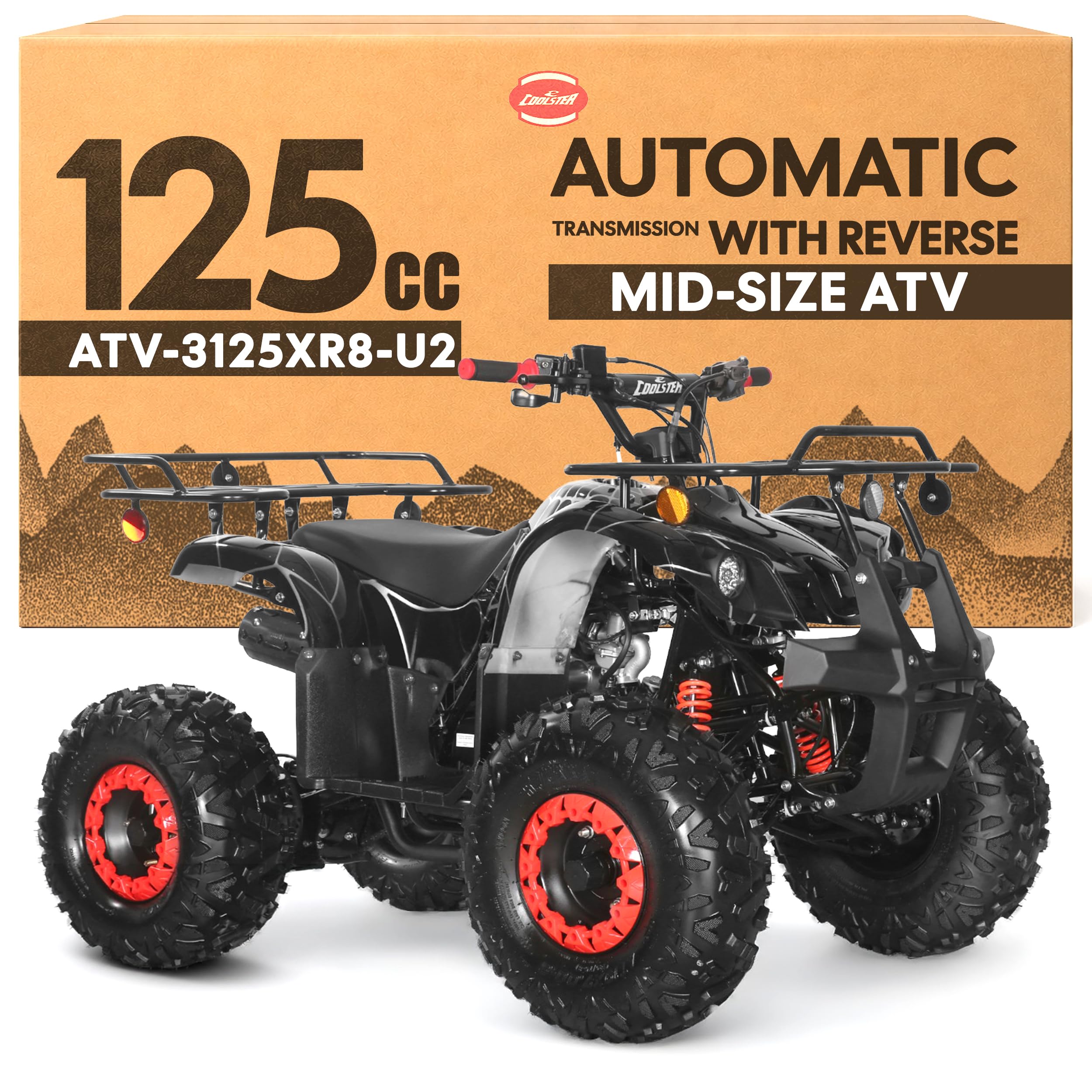 Coolster 125cc ATV for Teens & Adults, Spider Black - Gas Powered Quads with Automatic Transmission, Reverse Gear & LED Headlights, Oversized Wheels & Tires, ATV-3125XR8-U2